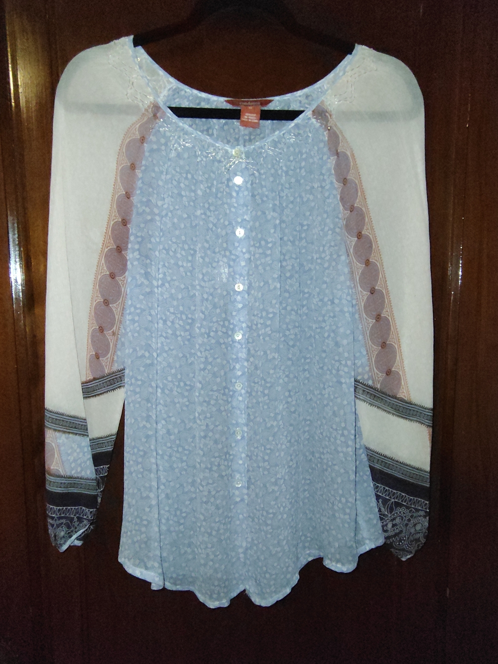 Sundance Blue Cream Mixed-Print Button Front Long Sleeve 100% Silk Blouse Sz M